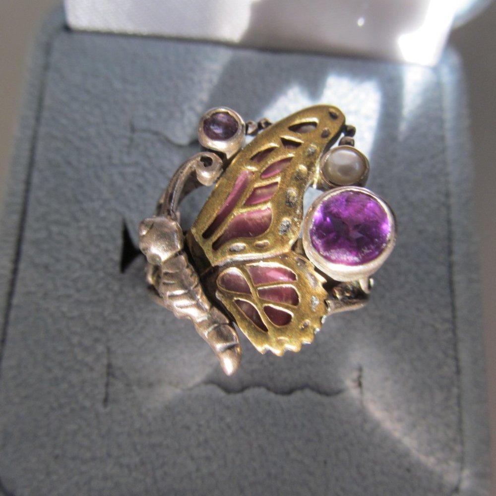 Dream Butterfly Amethyst/Silver/Bronze Ring Sz 9.5